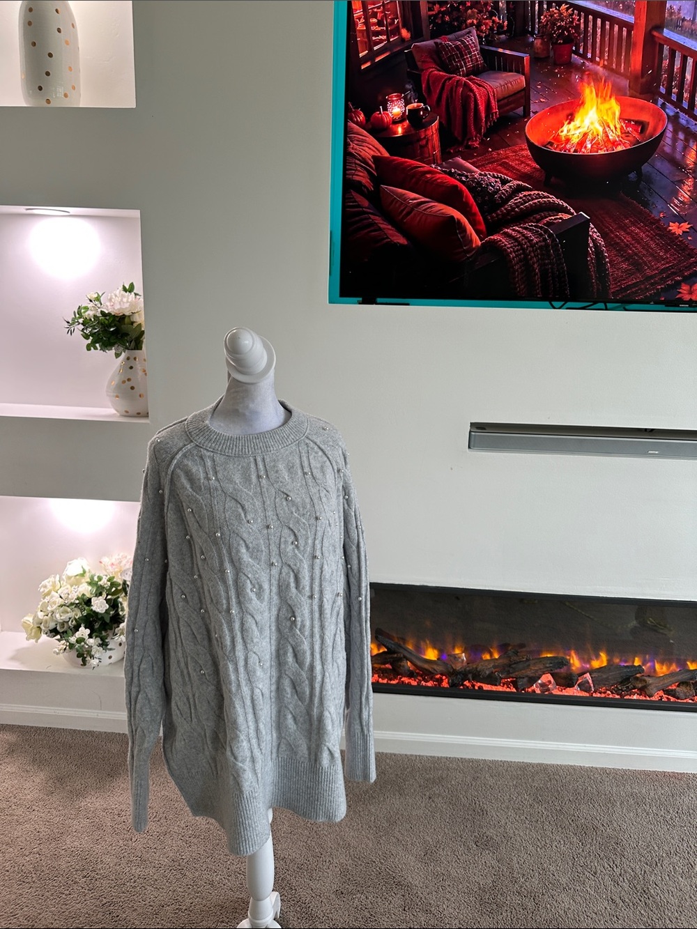 aerie Light Gray Cable Knit Crewneck Sweater with Pearl Accents